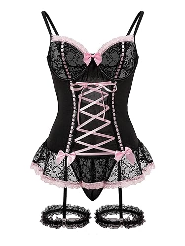Foxiny Sexy Mesh Corset Ruffle Lace Up Underwire Sheer Garter Belt Babydoll Lingerie Set With Thong 3 Piece Women - Medium - Black