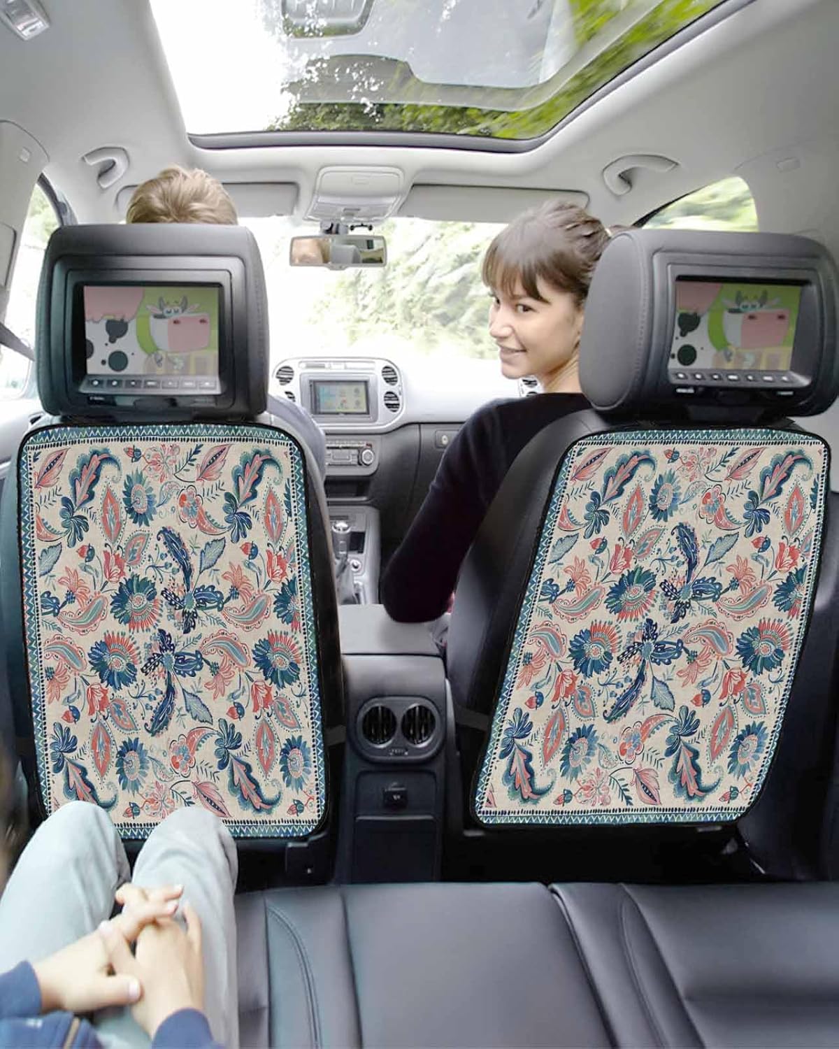 Car Seat Protector, 2 Pack Kick Mats Back Seat Protector Vintage Blue Paisley Flowers Floral Geometric Watercolor Waterproof Backseat Cover for Kids Universal Fit Automotive Interior Protectors