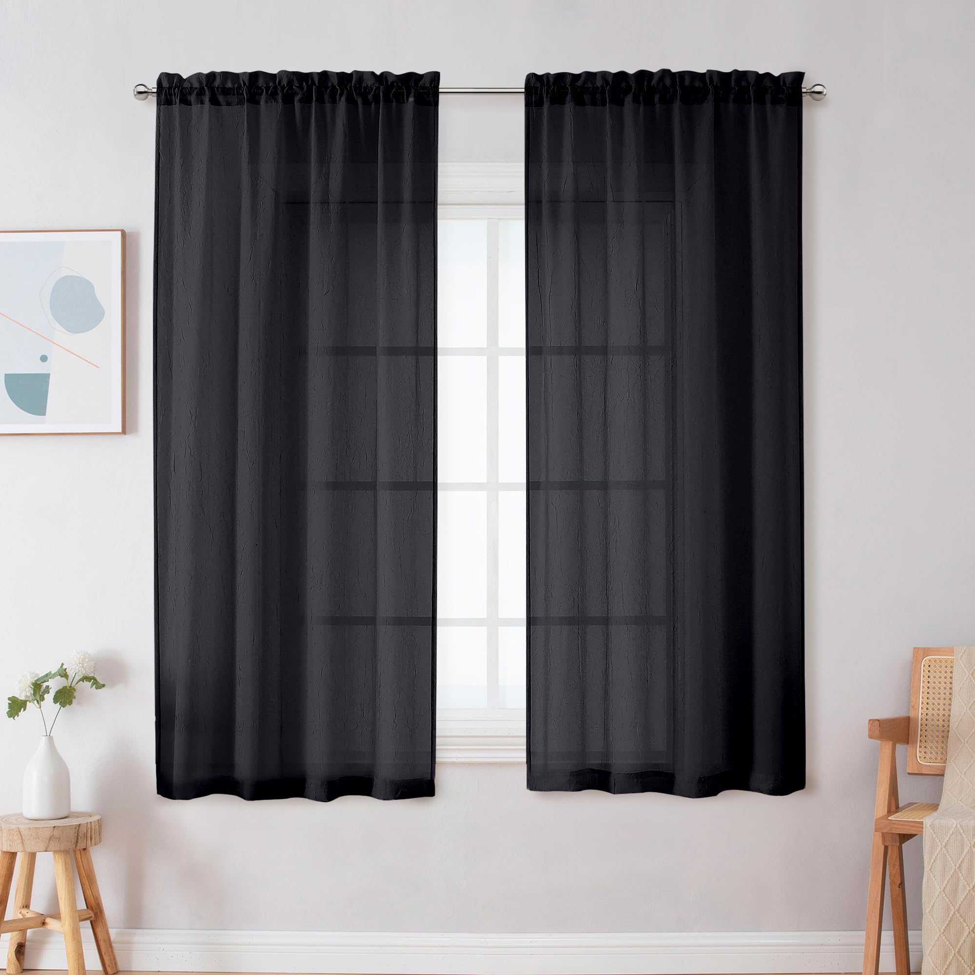 OWENIE Crushed Black Sheer Curtains - 63 Inch Length, 2 Panels Set for Bedroom, Rod Pocket, Light Filtering Semi Sheers, Crinkled Curtains for Small Window, 42" Wide