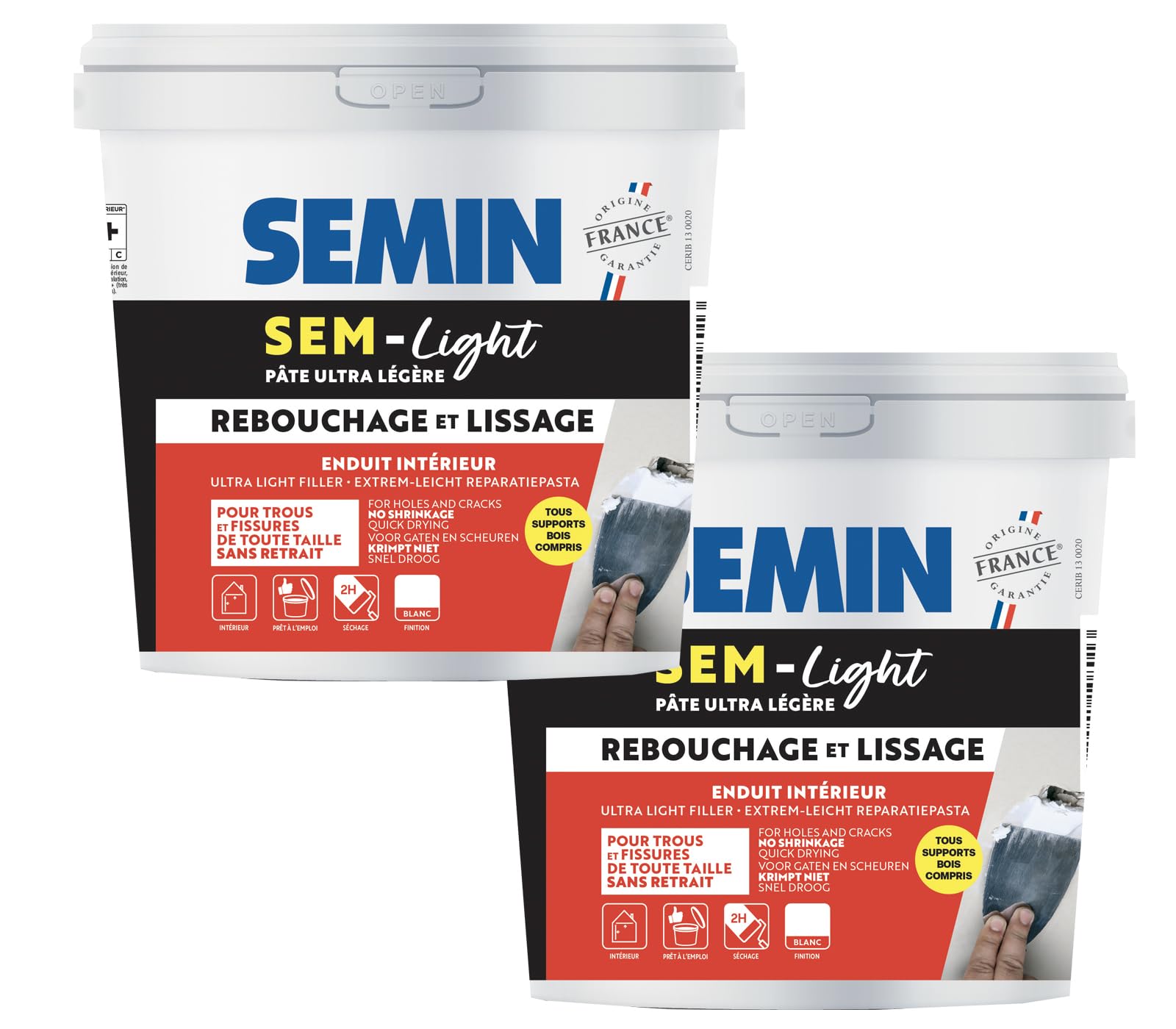 SEMIN SEM-LIGHT Enduit Léger de Rebouchage et Lissage –2 x 5 L – Sans Retrait, Séchage Rapide – Réparation Trous et Fissures – Intérieur Murs et Plafonds – Blanc Mat Prêt à l'Emploi