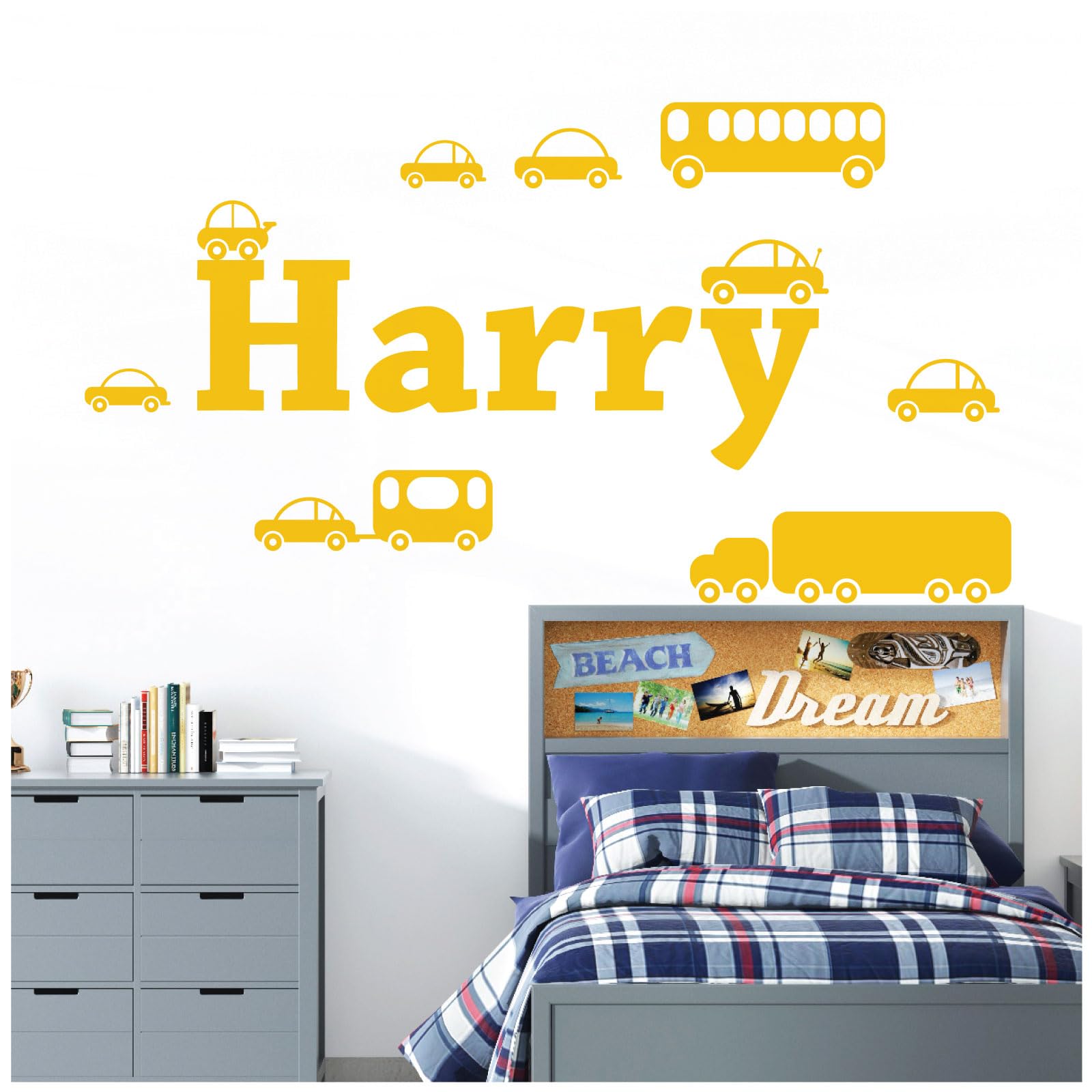 Personalised Name Boys Wall Art Sticker - Cartoon Trucks, Cars, Bus, Caravan, Taxi Set [Medium] [Sunflower]