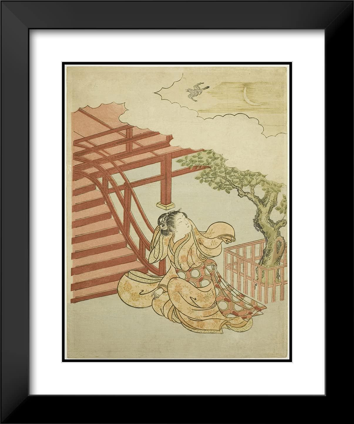 ArtDirect Suzuki Harunobu 20x24 Black Modern Framed and Double Matted Art Print Titled The Call of The Cuckoo from Above The Clouds (Parody of Minamoto no Yorimasa)