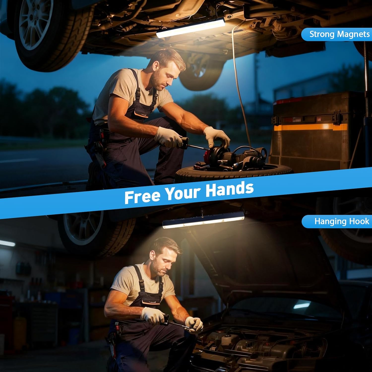 2 Pack Magnetic Light Bar, Rechargeable LED Work Light with Hooks, 7500mAh Cordless Portable Lamp for Under Cabinet, Garage, Car Repair, Workshop & Emergency