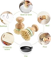 Vista 7 de 4 cepillos de bambú para fregar platos con soportes, de madera, de bambú, redondos, cerdas rígidas, cepillos para lavar platos, ollas, sartenes