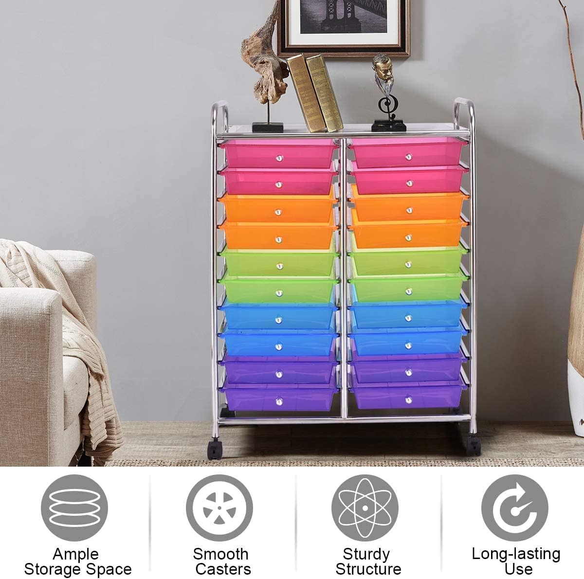 FUTADA 20 Drawers Rolling Storage Cart with Lockable Casters for School, Office, Home