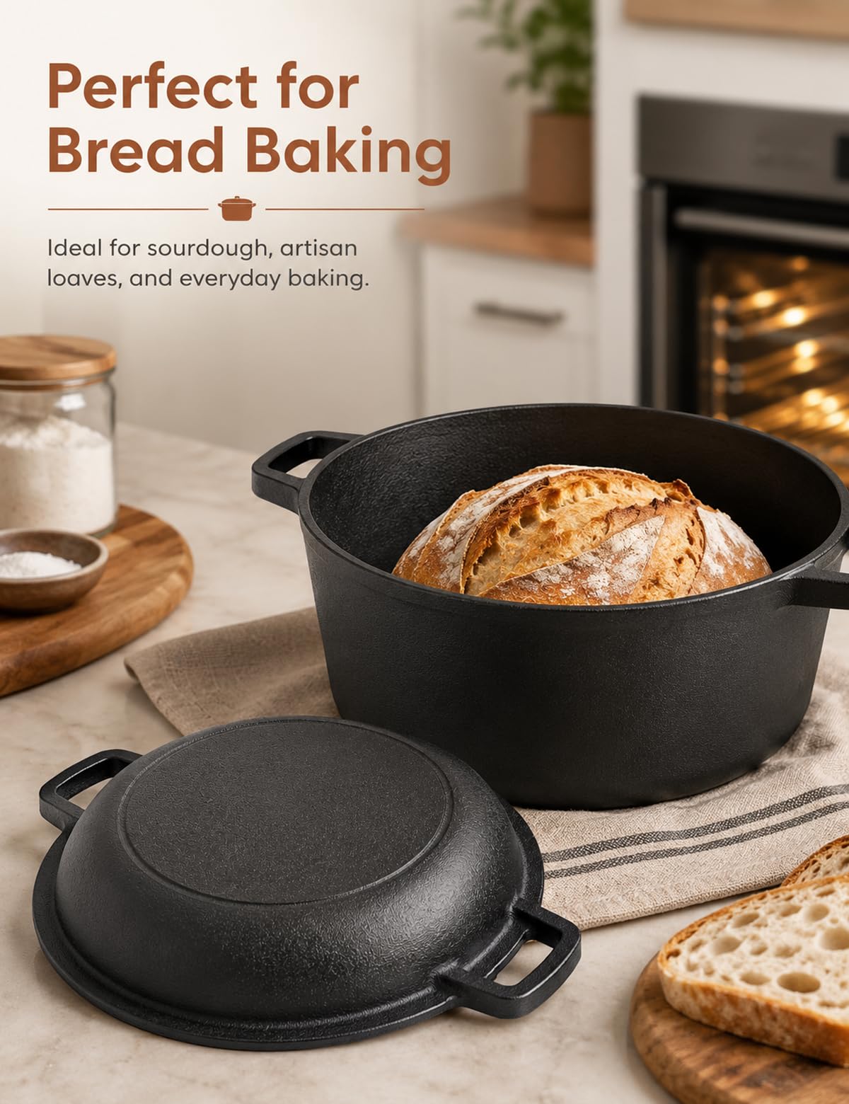 Gusseisen Topf zum Brotbacken, 26 cm, Rund 4,7 L, mit Pfannendeckel
