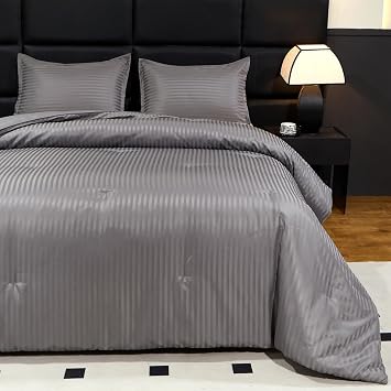 Caressma Damask Striped Dark Gray Comforter Set Twin Size Hotel Bed Set