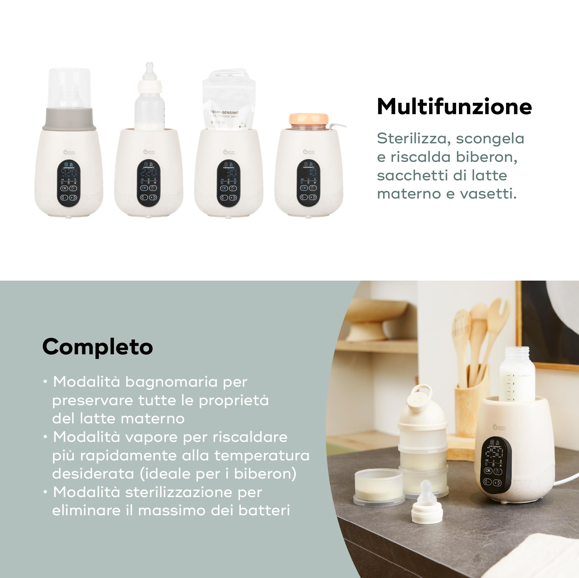Babymoov Scaldabiberon e sterilizzatore NutriSmart(+) - Portatile - Casa e auto - Adattatore, cestello e coperchio inclusi - Riscaldamento programmabile - Funzione di mantenimento del calore per 1 ora