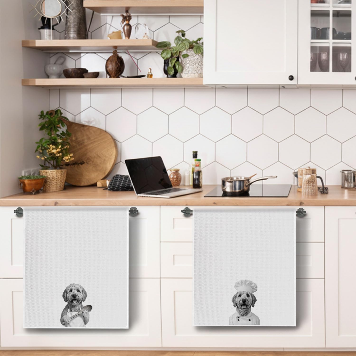 Funny Chef Goldendoodle Dog Wine Kitchen Towels, Gifts for Goldendoodle Lovers Owners Dish Tea Towels, Wine Lover Gifts Decorative Hand Towel for Kitchen, 16x24 Inch Set of 4 - Image 4