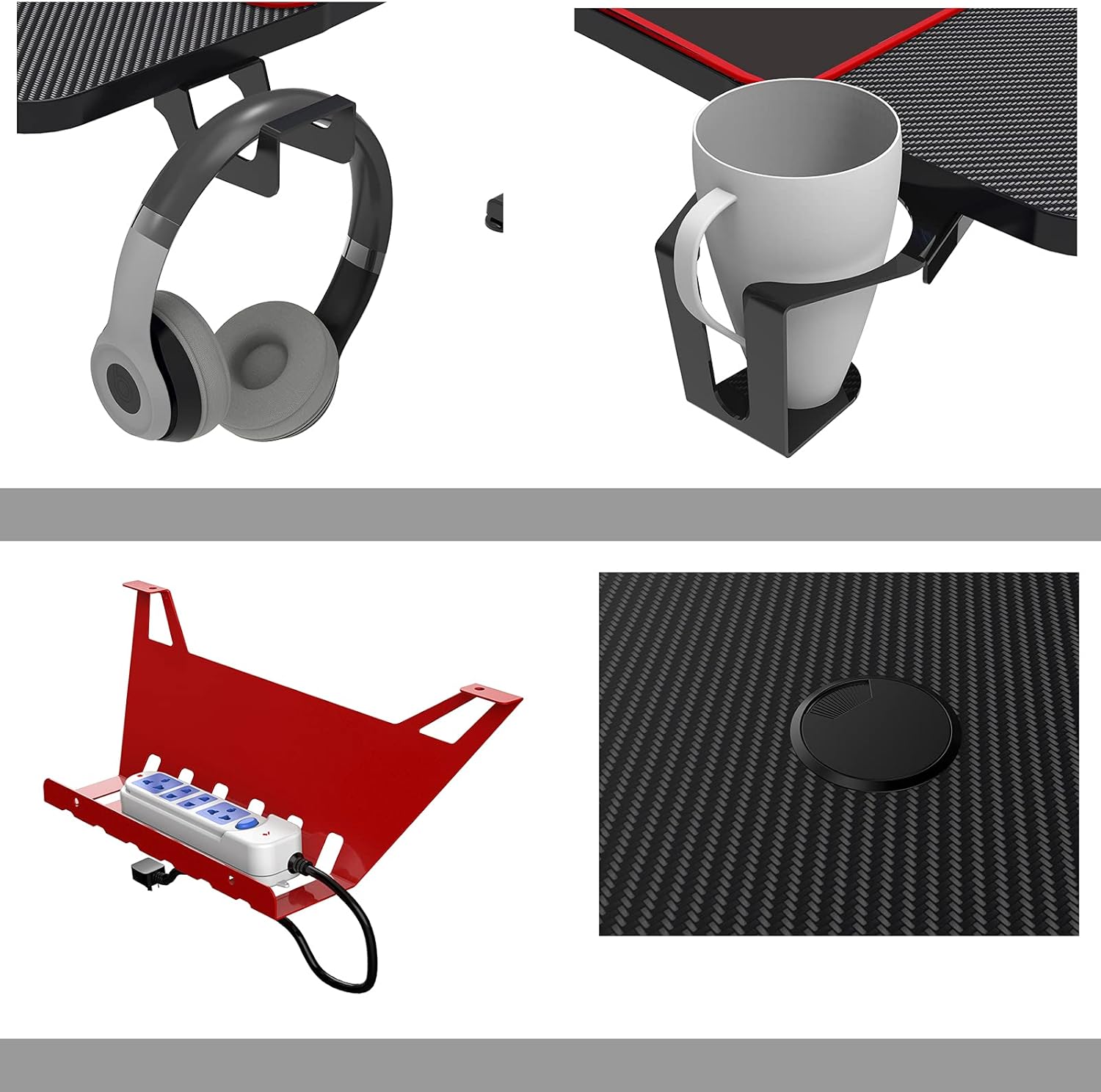 Close-up of desk accessories: headphone hook, cup holder, cable management grommet, and carbon fiber texture