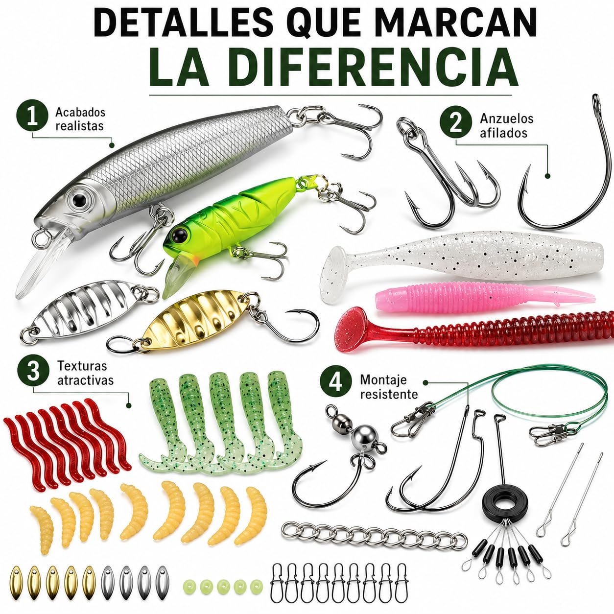 Kit de Señuelos de Pesca Spinning - Caja de Aparejos Completa con Cebos Artificiales Mixtos: Minnow, Saltamontes, Vinilos, Cucharillas y Anzuelos - Equipo de Pesca para Mar y Río (Black Ba — view 6