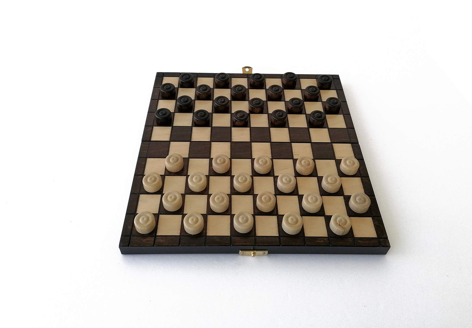 Jeu DE Dames L - Damier de Taille 28 x 28 cm, Fabrication Artisanale en Bois de Charme Vernis éco-Responsable. Plateau Pliable et Nomade, Rangement Facile, Jeu de Voyage. Marque Le Délirant®.