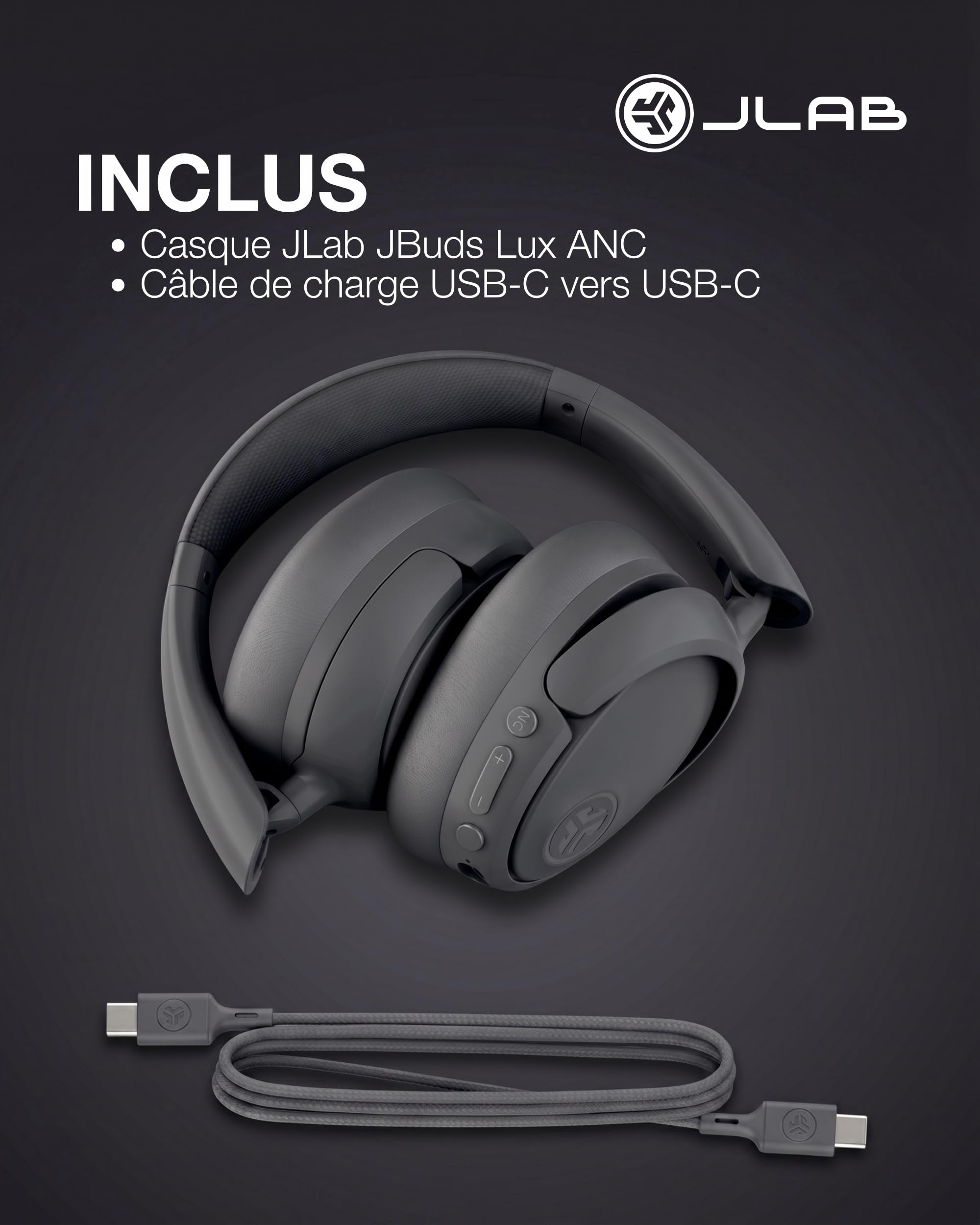 JLab JBuds LUX ANC Casque Audio Bluetooth sans Fil Anti Bruit - Casque Réduction de Bruit Active Supra-Auriculaire avec Micro pour Musique et Voyage, 70+ H d'Autonomie, Pliable, Graphite