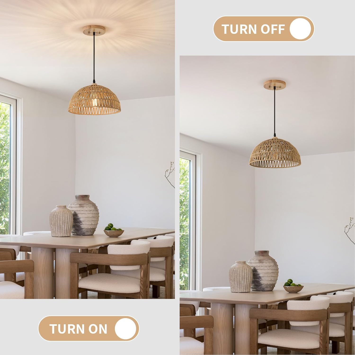 13 Inch Rattan Pendant Lights Farmhouse Boho Chandelier Light Fixture Rustic Wicker Hand Woven Pendant Hanging Light for Dining Room Kitchen Bedroom Foyer Hallway