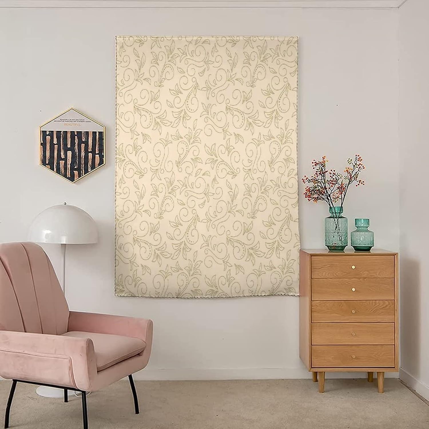 XISUNYA Autohesion Curtains, Beige Window Curtain Panel, Doodle Curved Floral Motifs Boho Art Print Adjustable Temporary Blackout Shades,59W x72L Inch, for Nursery,Children Kids Bedroom or Travel Use