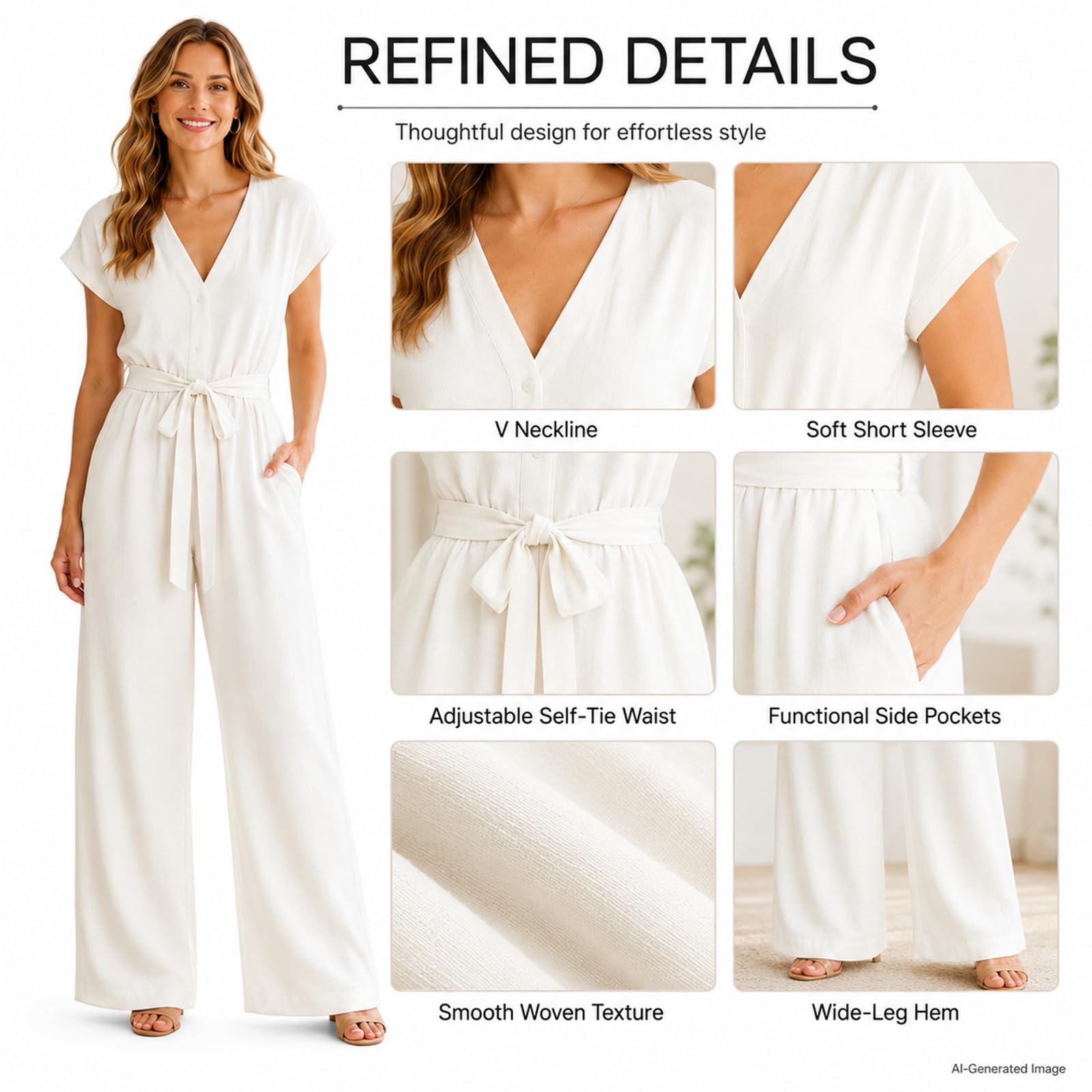 Combinaison pour femme avec col en V, manches courtes, jambes larges