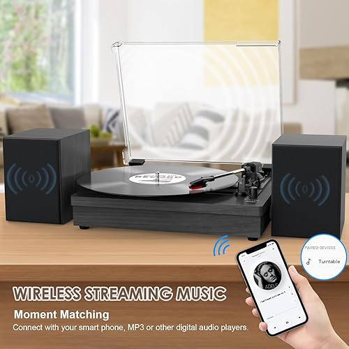 Miniatura 2 de Tocadiscos con altavoces estéreo duales, reproductor de discos de vinilo con soporte de 3 velocidades, conexión inalámbrica, salida RCA, auxiliar en