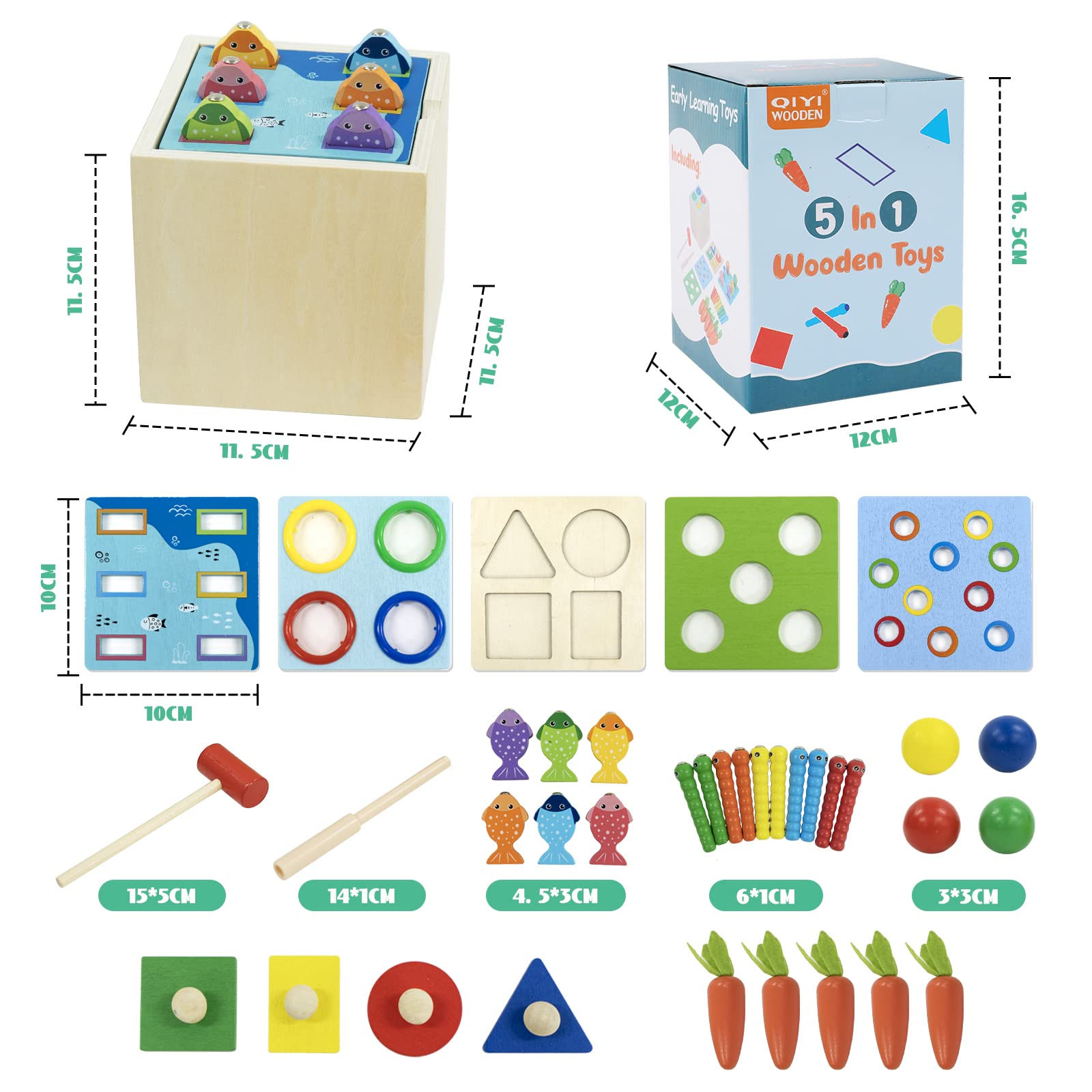 Zabawki Montessori 5 w 1 dla dzieci w wieku 1-2 lat, młotkowe walenie, gra wędkarska, zbieranie marchwi, sortowanie kształtów, gra w łapanie owadów, zabawki sensoryczne dla niemowląt, prezenty dla