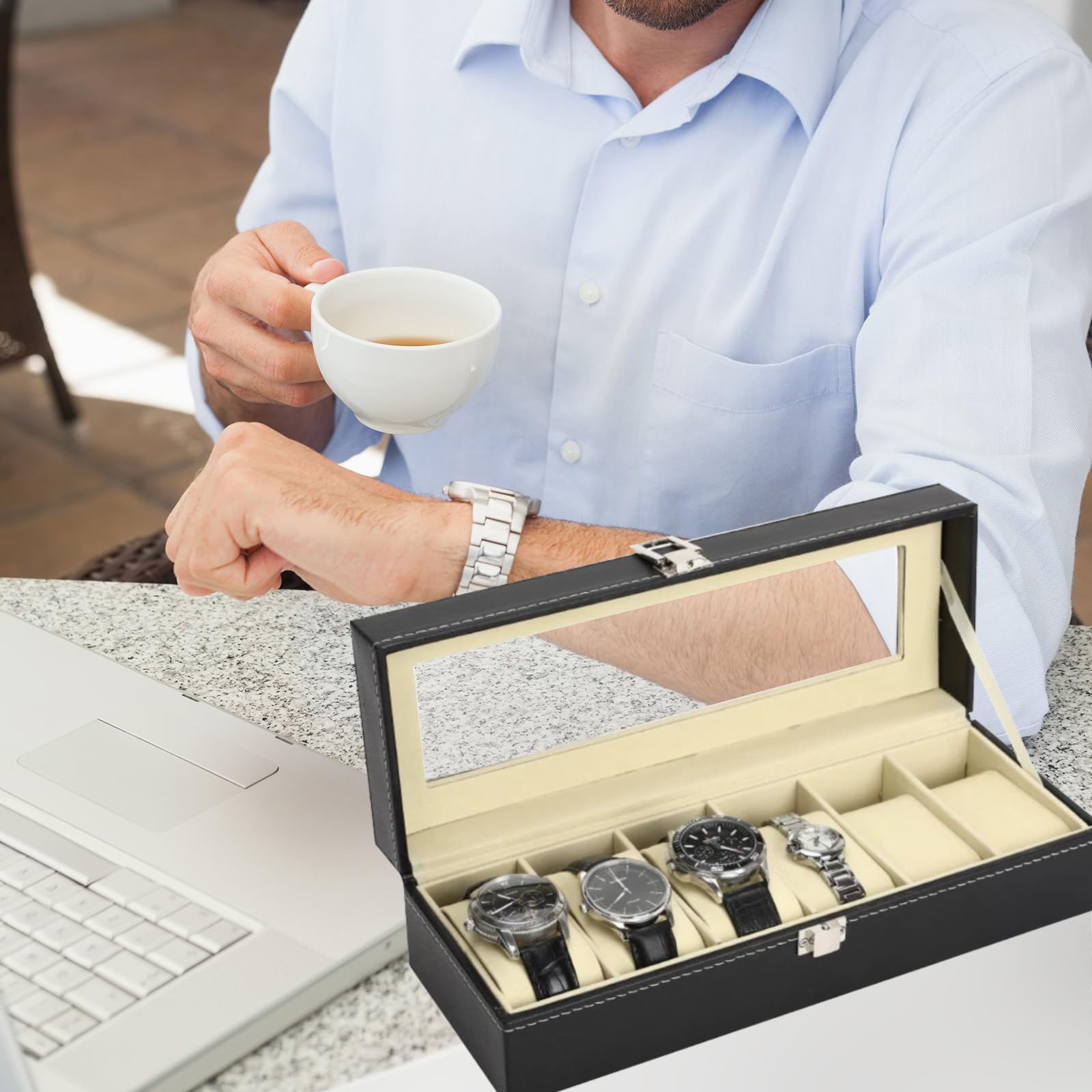Estuche para Relojes con 6 Compartimentos, Tapa de Cristal, Organizador, Regalo Hombre, Negro