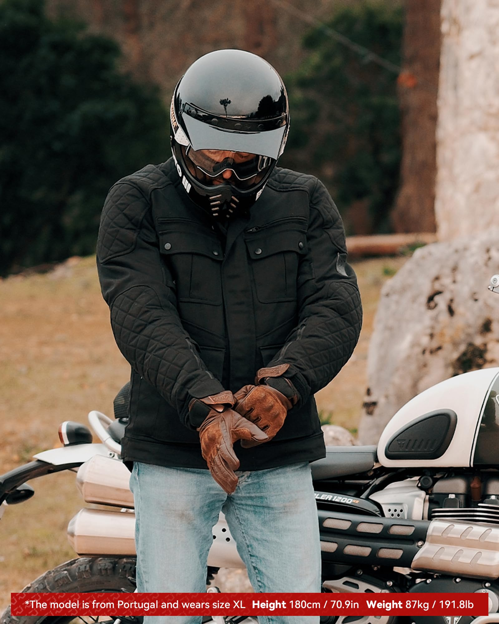 RIDEIRON Chaqueta Moto Hombre Invierno Protección CE Forro Extraíble Equipo de Protección Moto Casual Vintage Negro