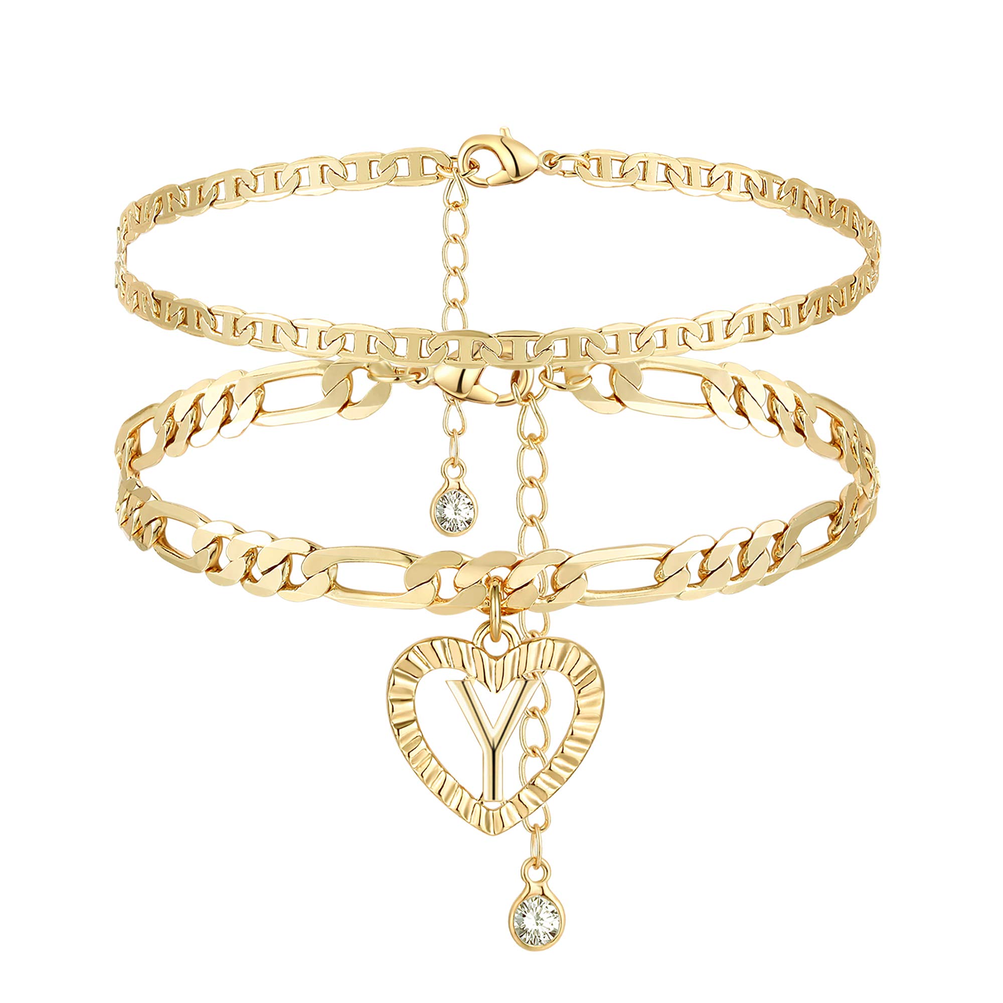 Initial Anklets for Women 14K Gold Plated Layered Figaro Necklace Letter Initial Anklets Handmade Layered Heart Ankle Bracelets Personalized Gifts for Women, 8 5 inch,-image-24