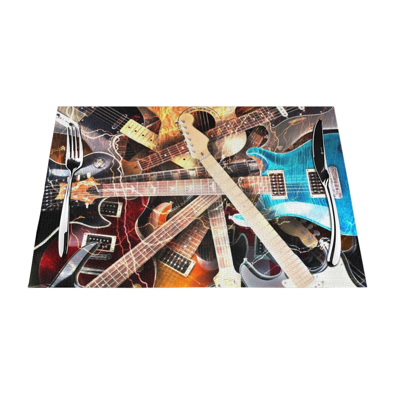 PVC Placemat Set of 6 PCS, 45x30 CM, Magic Electric Guitar Music Printed Non-Slip Heat Resistant Place Mats for Kitchen Dining Table Indoor Outdoor