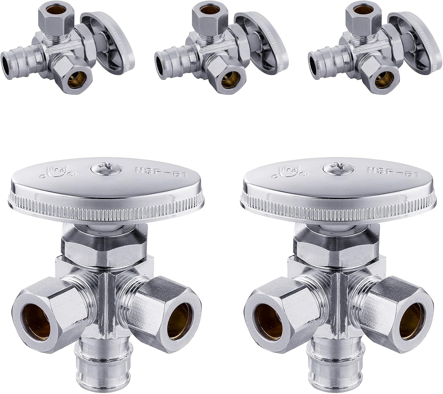 5-Pack Foskan Multi-Turn Dual Angle Stop Valve,Shut off Valve 1/2" PEX-A x 3/8" OD x 3/8" OD,Chrome Plated Brass