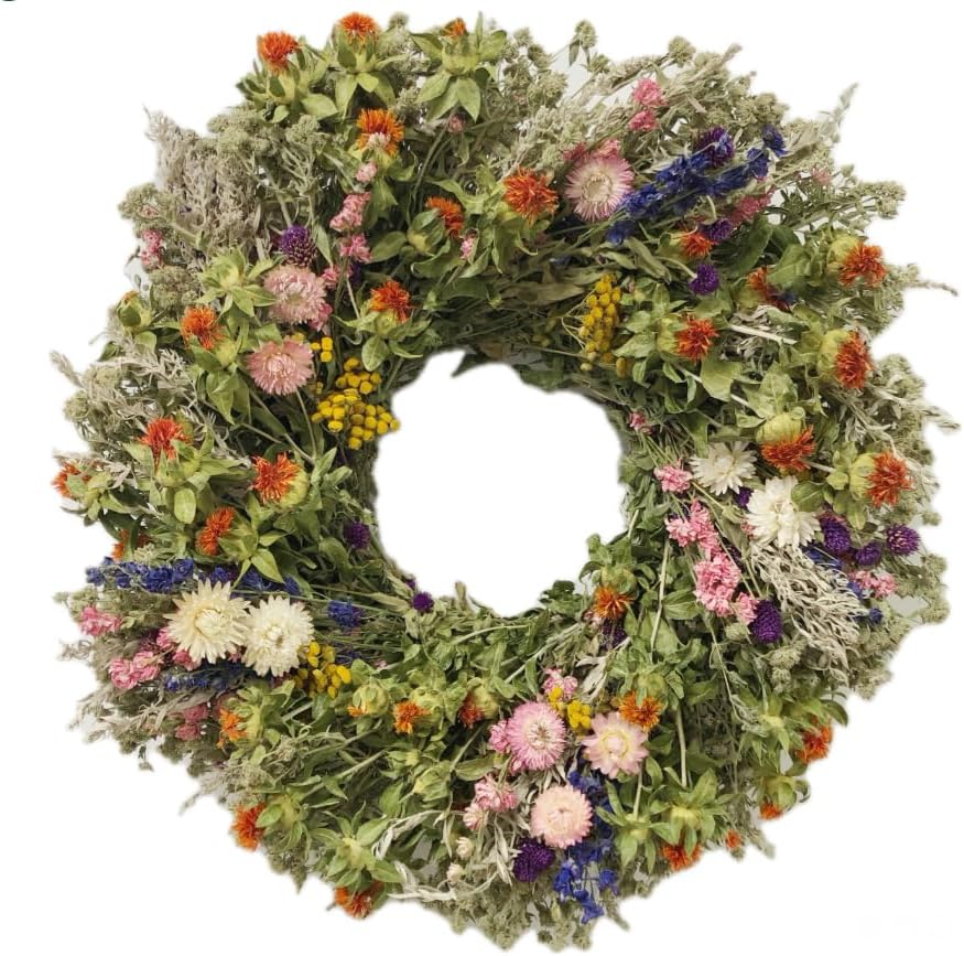 VanCortlandt Farms Thriving Spring Wreath - Dried Flowers, Everlasting, Organic, Handmade, Natural, Gift, Colorful, Mother's Day, Easter, Wildflowers, Pink, Pastel, Real (22 inches)