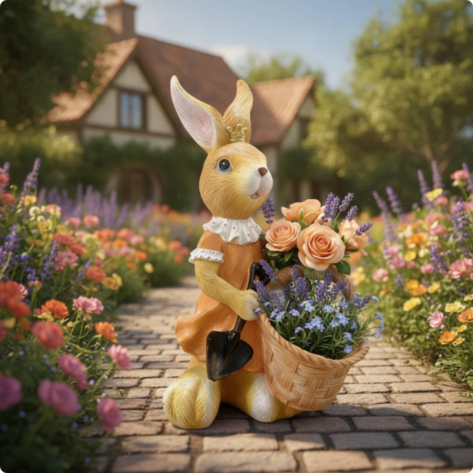 Hase mit Korb Stabil Kaninchenfigur Osthase für Fans, Gartenliebhab, Hase Mit Gießkanne Und Blumen