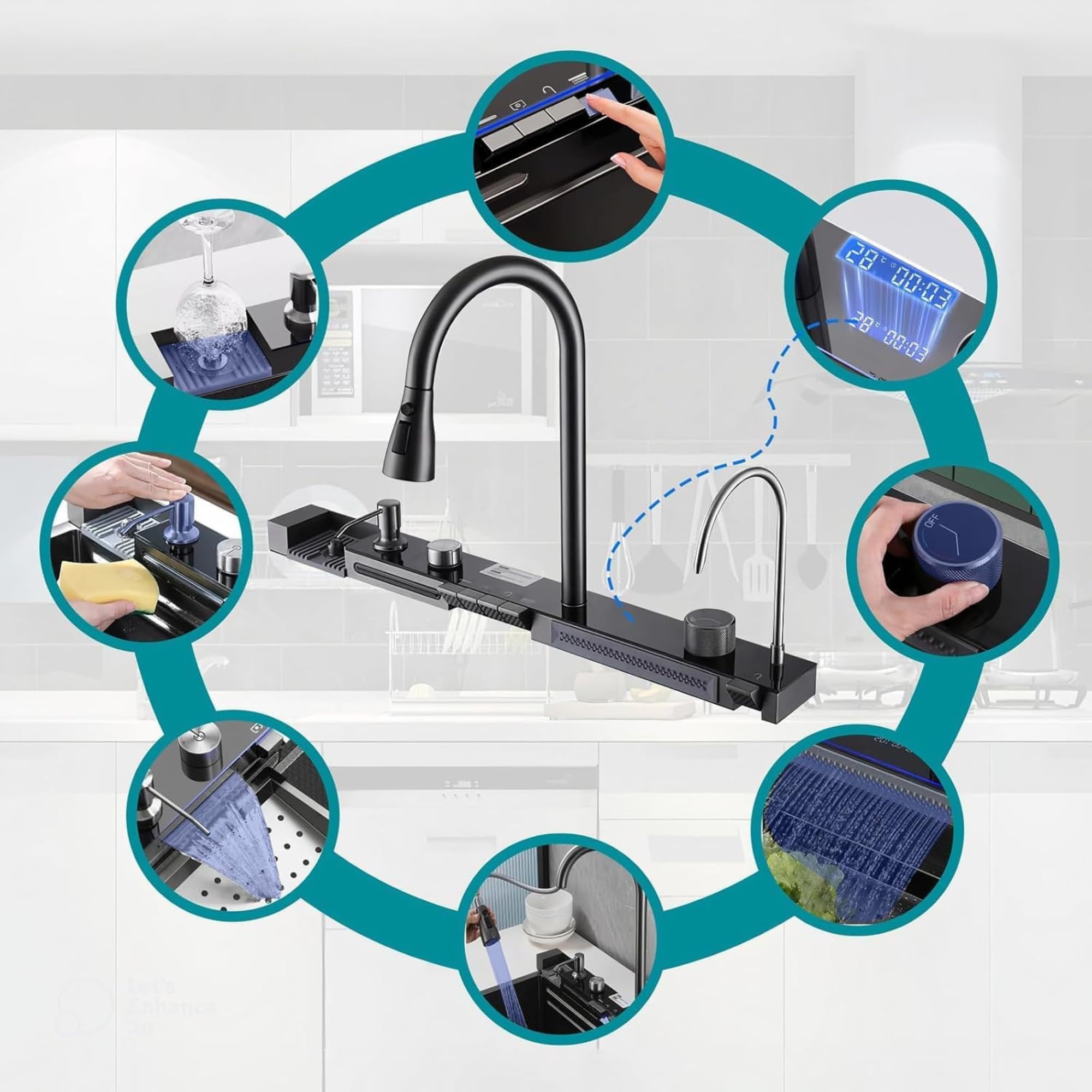 LUMS Fregadero de Cocina Multifuncional Acero Inoxidable Negro, Fregadero 1 Seno con Grifo Cascada, Pantalla Digital y Luz LED, Incluye Lava Vasos y Accesorios