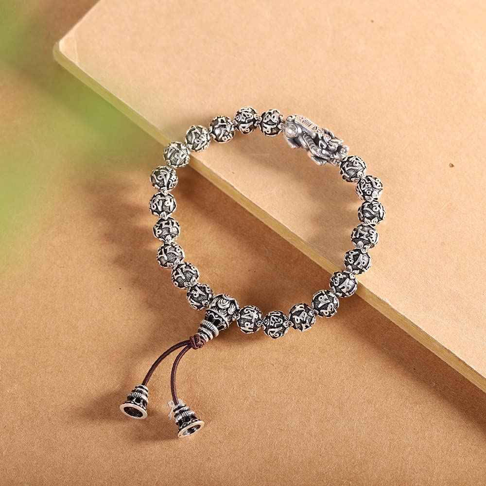 Pulsera de Plata Joyas de Plata Brazalete de Plata de Ley 925 Pulsera de Gato de la Suerte de Plata Tailandesa Retro Pulsera de Cuentas de Buda