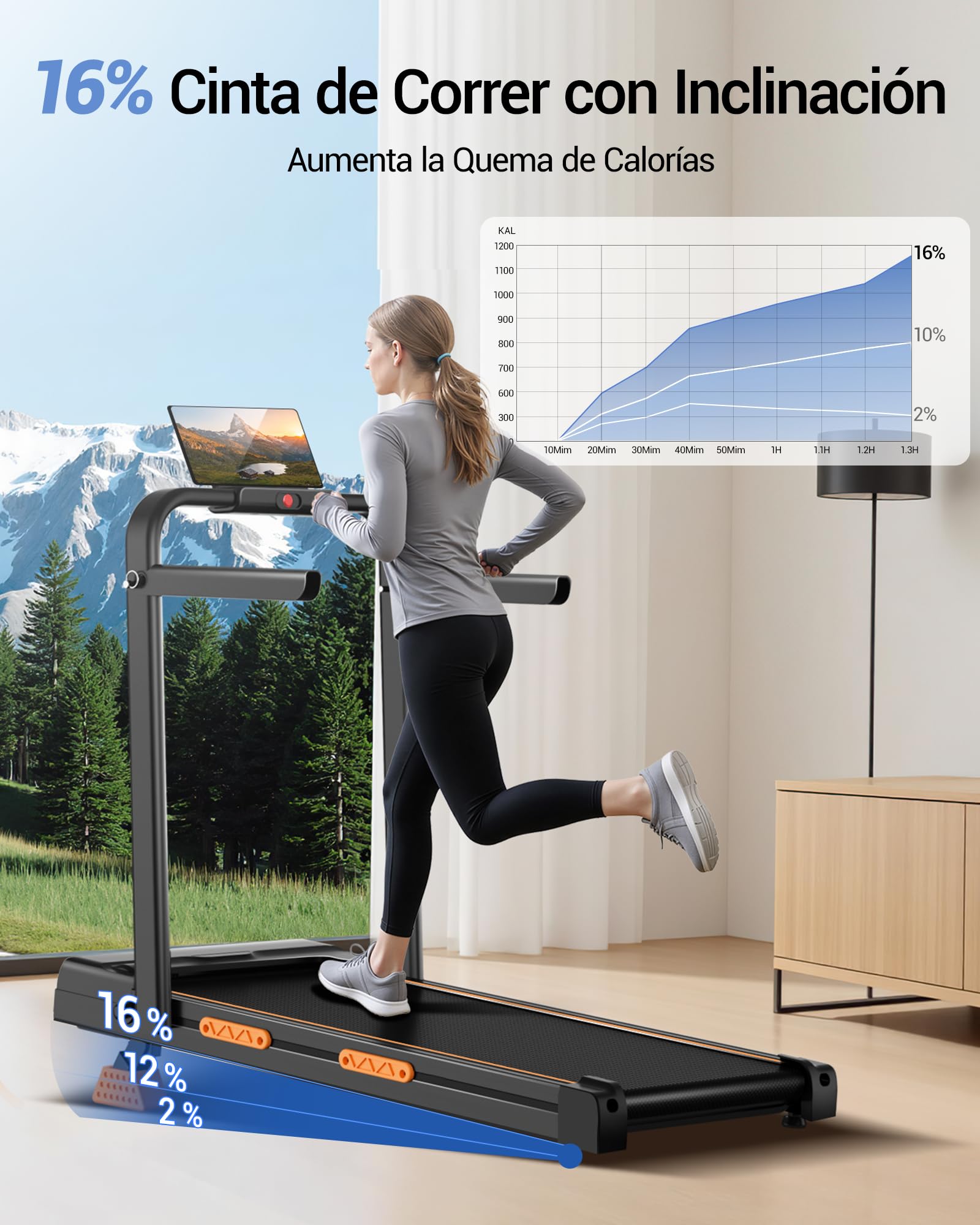 CURSOR Cinta de Correr Plegable con Inclinación 16%,10KM/H Cinta Correr Plegable, Pantalla LED, Reposabrazos Ajustables, 3.0HP Walking Pad, Caminadora Electrica para Casa, Capacidad de Carga 136KG