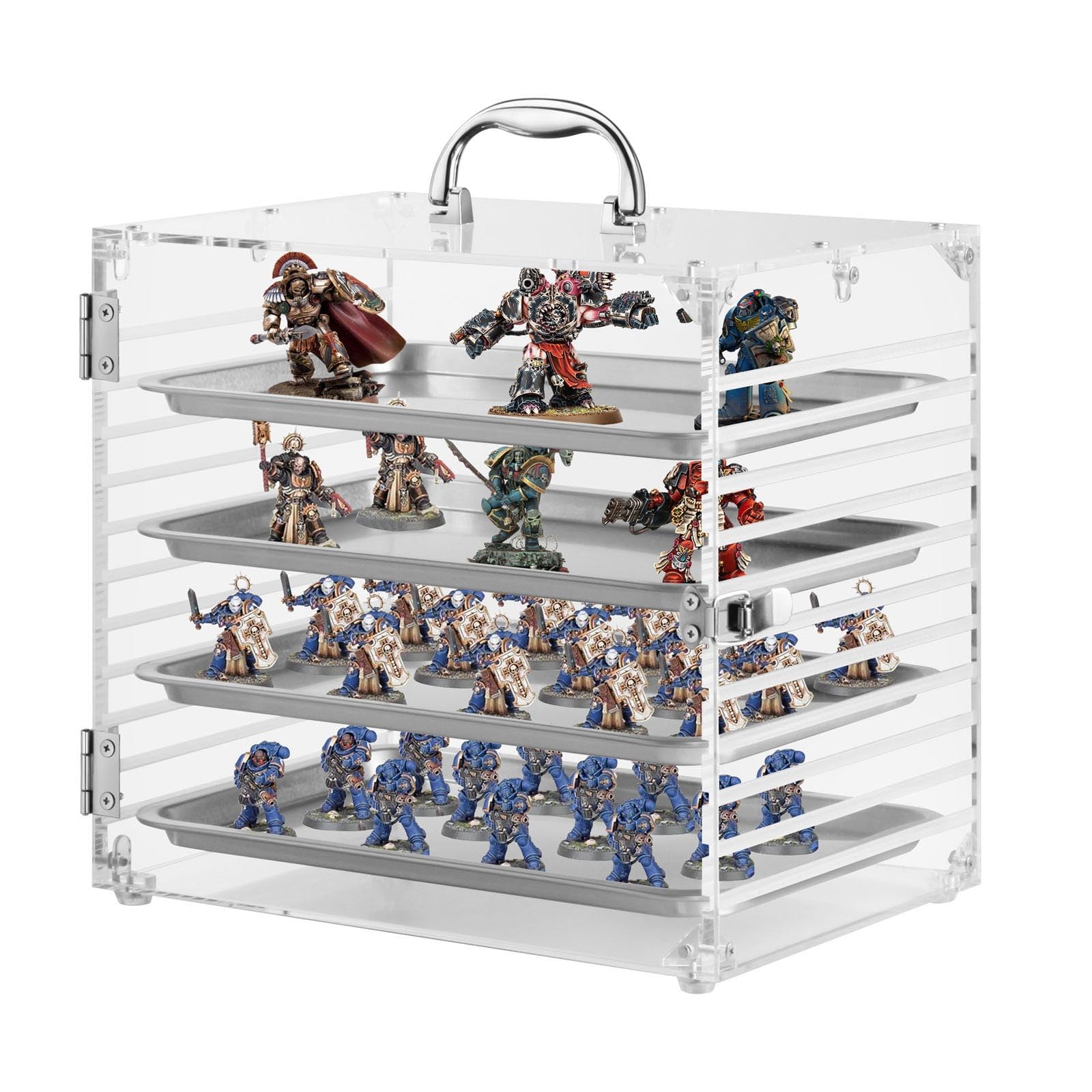 Famard Portable Miniature Carrying Case Compatible with Warhammer 40k, Clear Acrylic Storage and Display Case for Tabletop Miniatures with 4 Magnetic Trays (Medium)