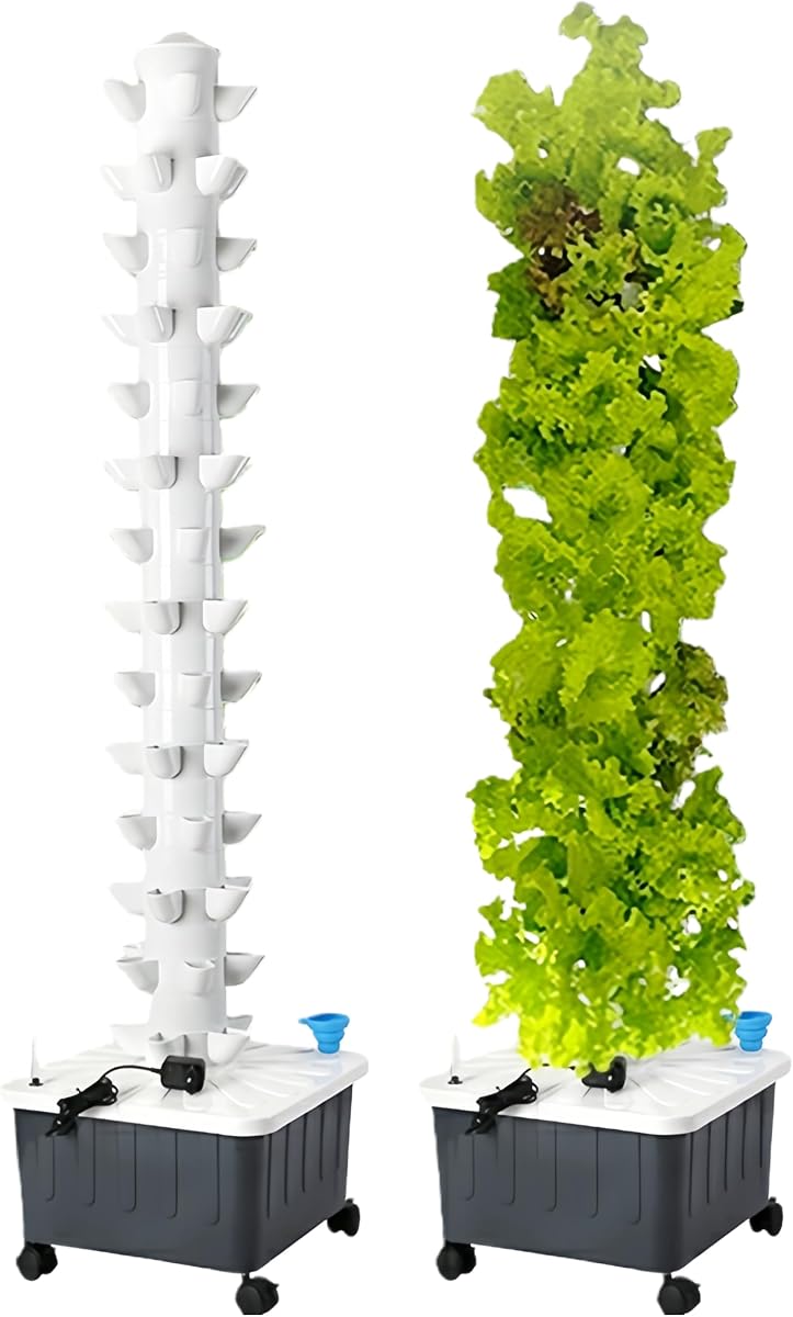 Vertical Hydroponics Growing System,Aeroponic Grow Tower for Herbs, Fruits and Vegetables 14 Layer 70 Plants Sites with Movable Water Tank Hydrating Pump, Timer, Adapter | Aeroponic Grow Tower, For Herbs, Fruits and Vegetables, Movable Water Tank, Hydrating Pump with Timer, Adapter Included