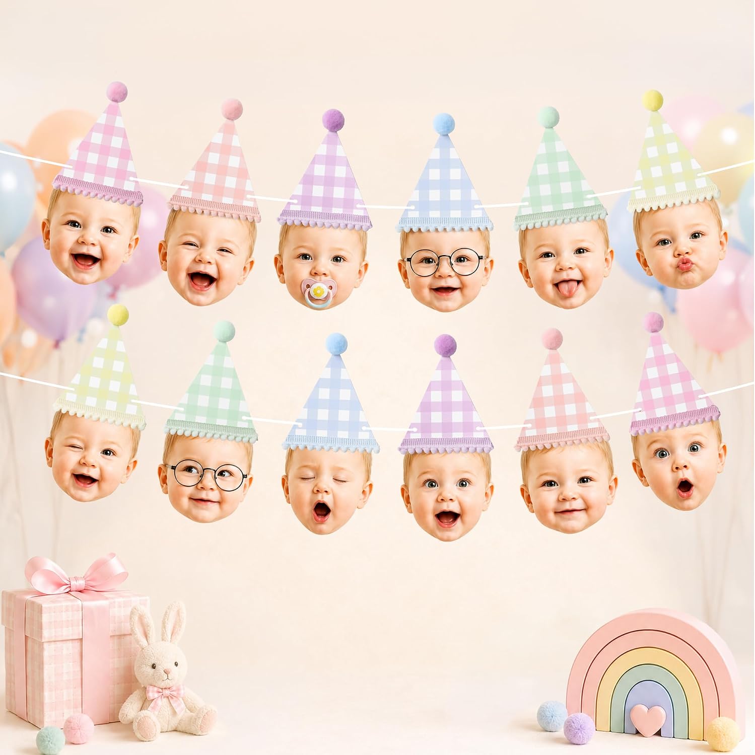 Kriyokiaa Fun to Be One DIY Face Banner Kit, 12 Pcs Mini Hat Photo Garland