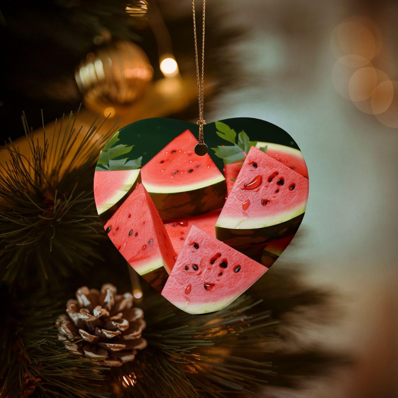 Christmas Ornaments for Christmas Tree Decoration Hanging Ripe Watermelon Slice Seeds Ornament with Gold Ribbon Crafts Heart Shape Ceramic Pendant for Keepsake Gifts Xmas Decor Party Supplies