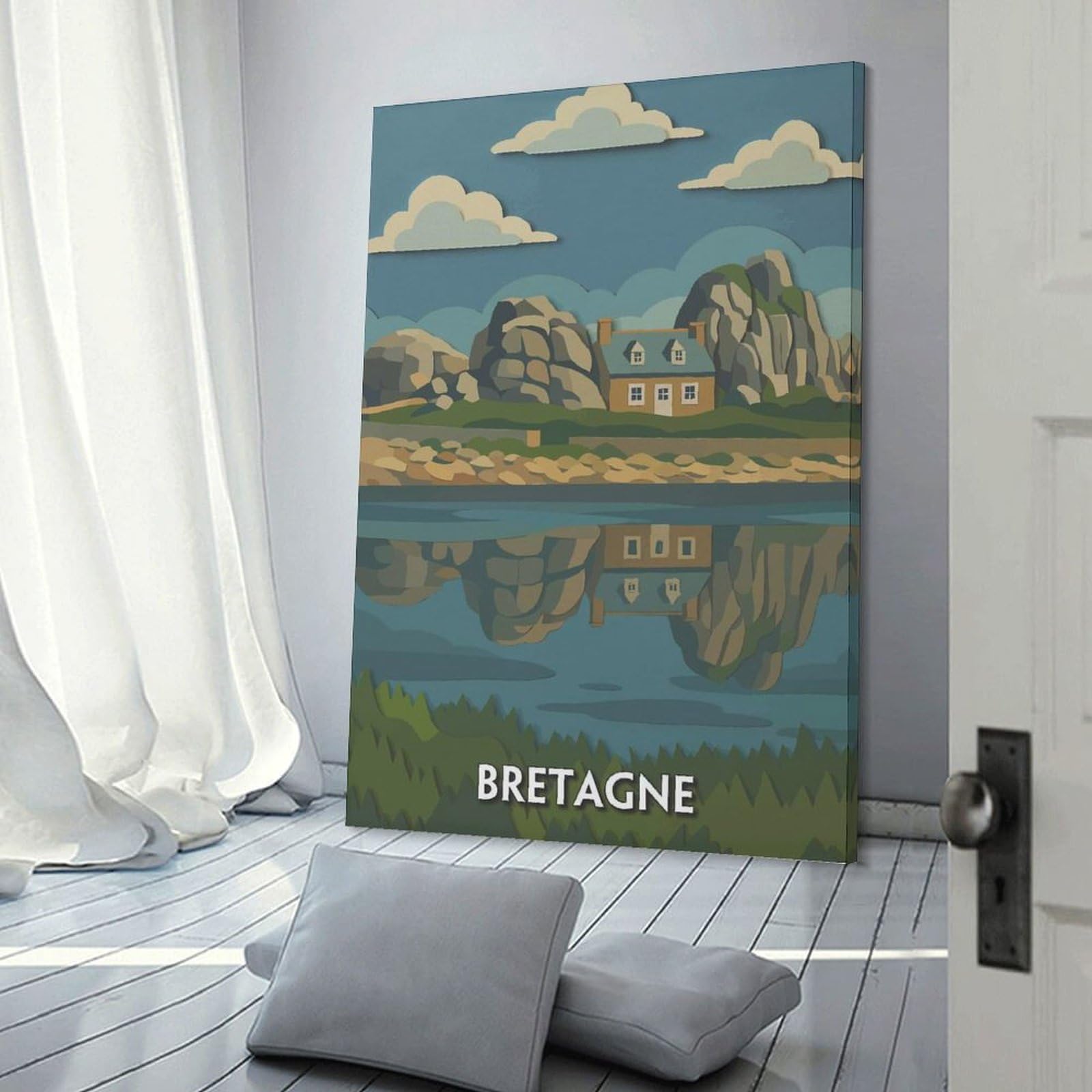 Junmoney Bretagne Coastal House Reflection Wall Decor Canvas Print, 20x30inch(50x75cm), for Home Lounge, Bedroom Or Reading Nook, Decorative Artwork for Empty Walls