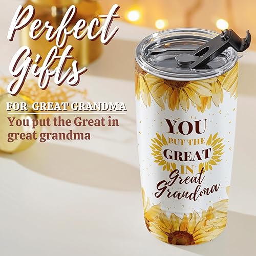 Miniatura 3 de Onebttl Vaso de acero inoxidable de 20 onzas con tapa y pajita, diseño de girasol, con texto en inglés You Put The Great In Great Grande, You Put
