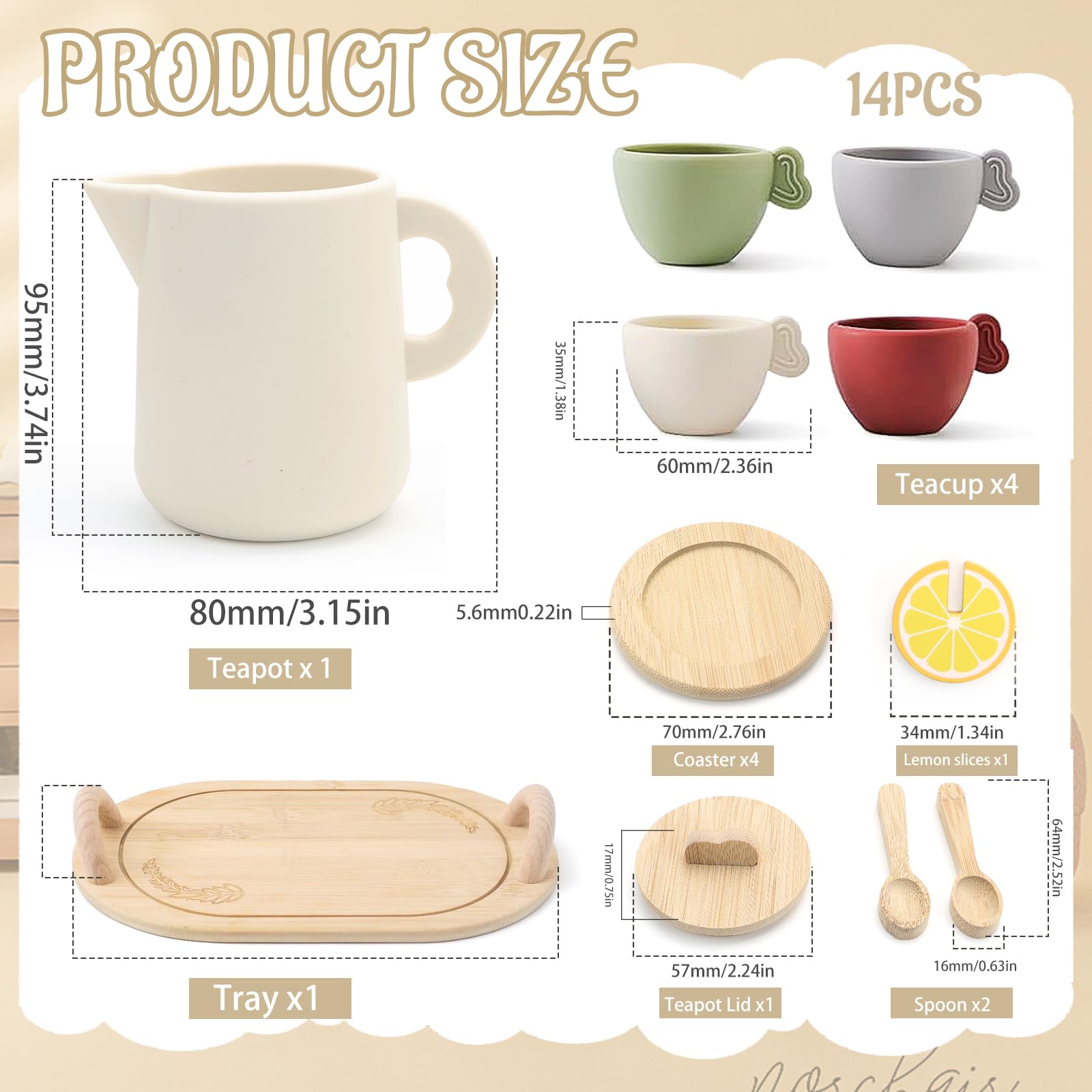 Juego de te Infantil 13 Piezas, Juego de té para niños de Madera, , Silicona, con Tazas, Tetera y platillos, Regalo para niñas y niños