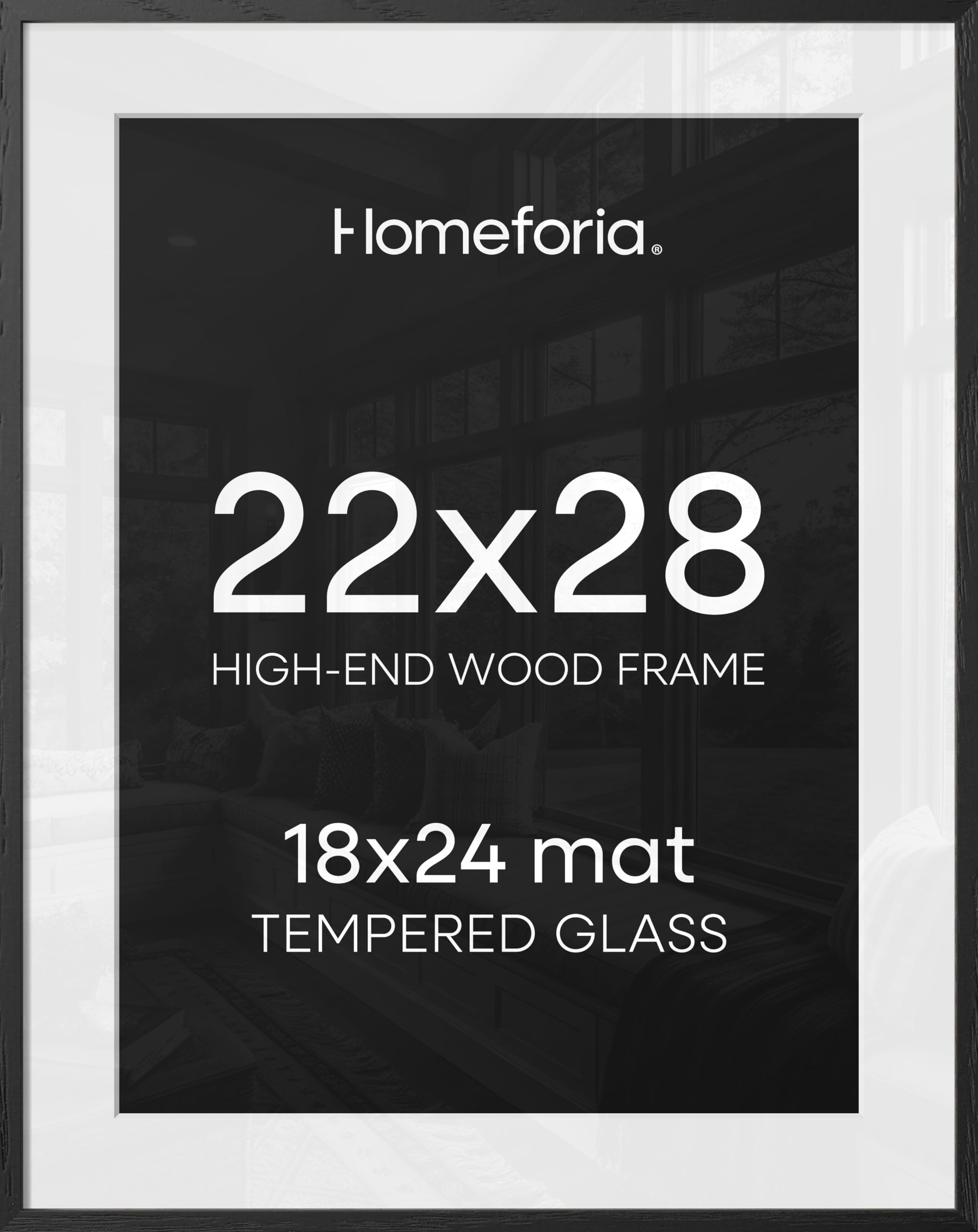 Homeforia 22x28 Poster Frame Black, High End Oak Wooden Picture Frame 22x28 with Mat 18x24, Tempered Glass, Wall Hook Included, Set of 1