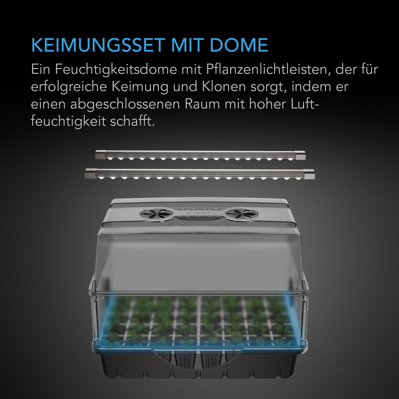 AC Infinity Feuchtigkeitskuppel, Keimset mit LED-Wachstumslichtleisten, stabile Tropfschale, 5x8 Zellen-Setzlingschale und belüftete Höhenverlängerungsplatten, für Indoor-Gartenarbeit, Samenstart
