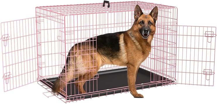 48 Inch Dog Crate Dog Kennel Folding Metal Pet Cage Pet Crate for Large Door Leak-Proof with Double-Door,Divider Panel, Removable Tray Wire Animal Cage Pet Kennel for Indoor,Outdoor L XL XXLPink