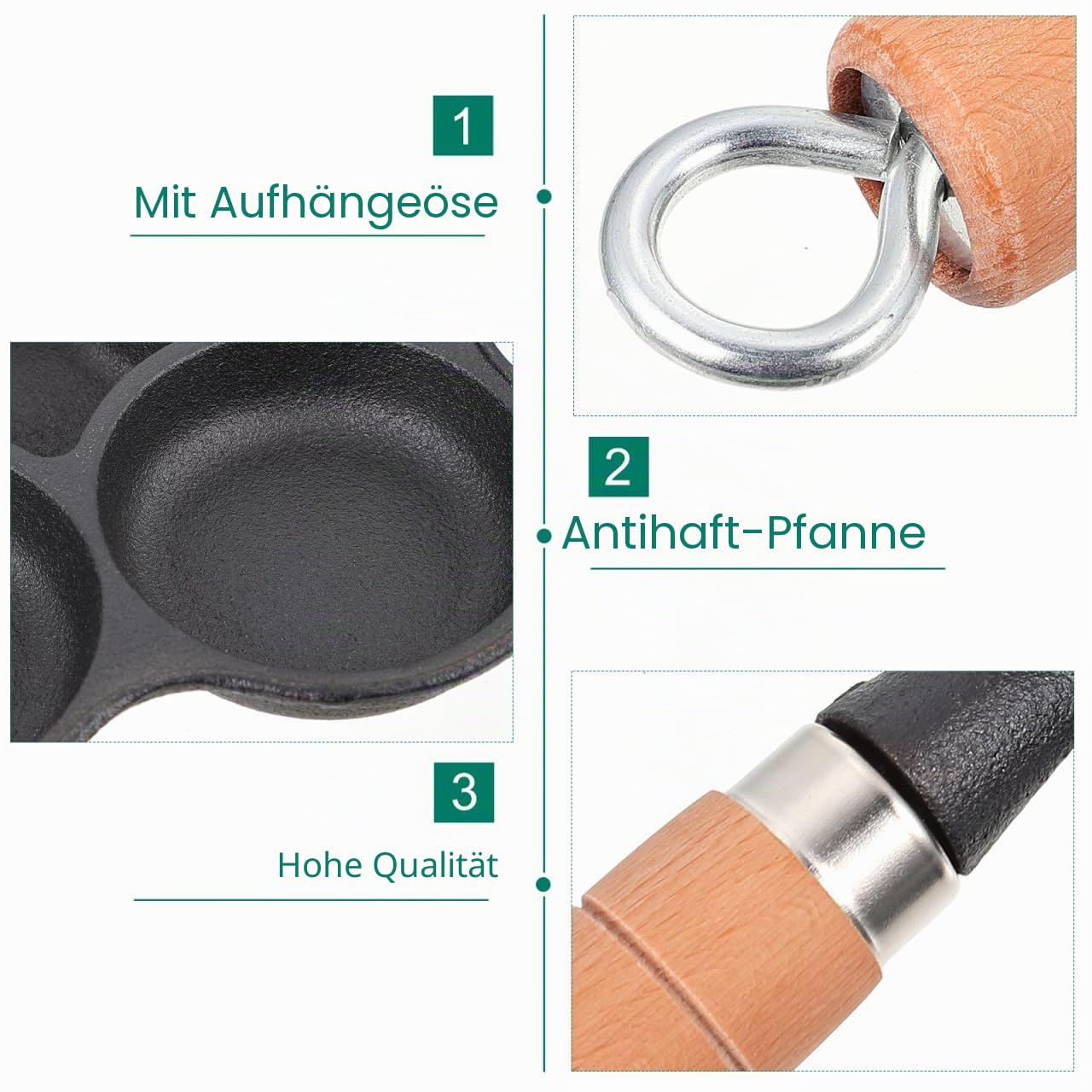 Gusseisen Eierpfanne mit 5 Löchern 5 Fach Spiegelei Pfanne mit Holzgriff Anti Heiß Griff Hamburger Form für Herd Induktion Küchenbratpfanne für Schnelles Kochen