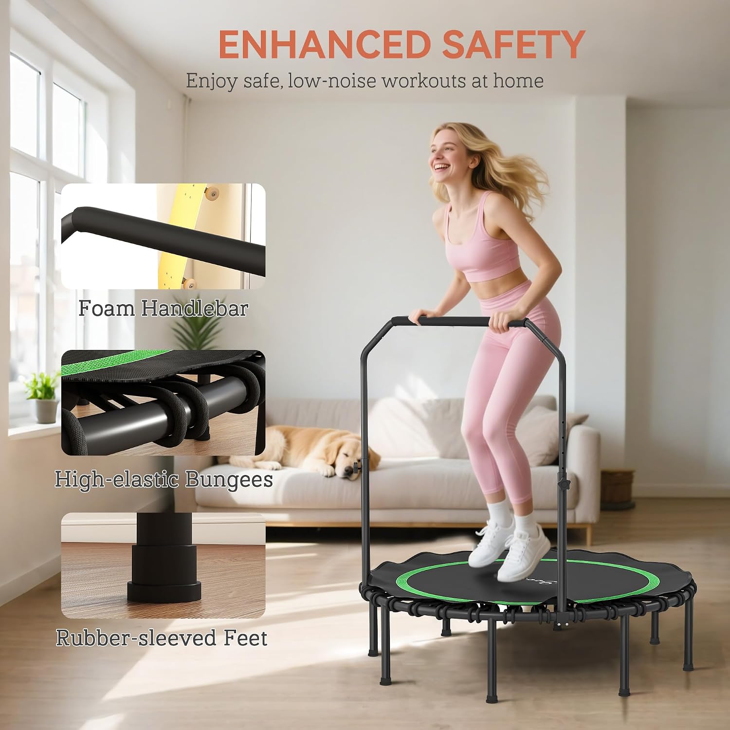Soozier 45"/48" Rebounder Trampoline for Adults, 440lbs Foldable Mini Trampoline with Adjustable Handle, Quiet and Safe Bungee Rebounder Jumping Cardio Trainer for Indoor Outdoor Fitness Workout