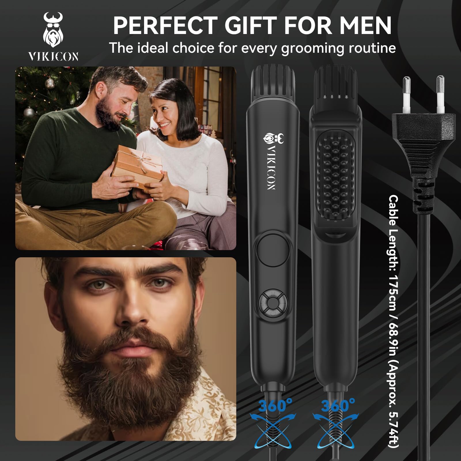VIKICON Spazzola 3 in 1 per Uomo, Pettine Professionale Con Volumizzatore, 4 Livelli di Calore (120-220℃), Piastra Lisciante per Barba Agli Ioni, Spazzola per Casa/Viaggio