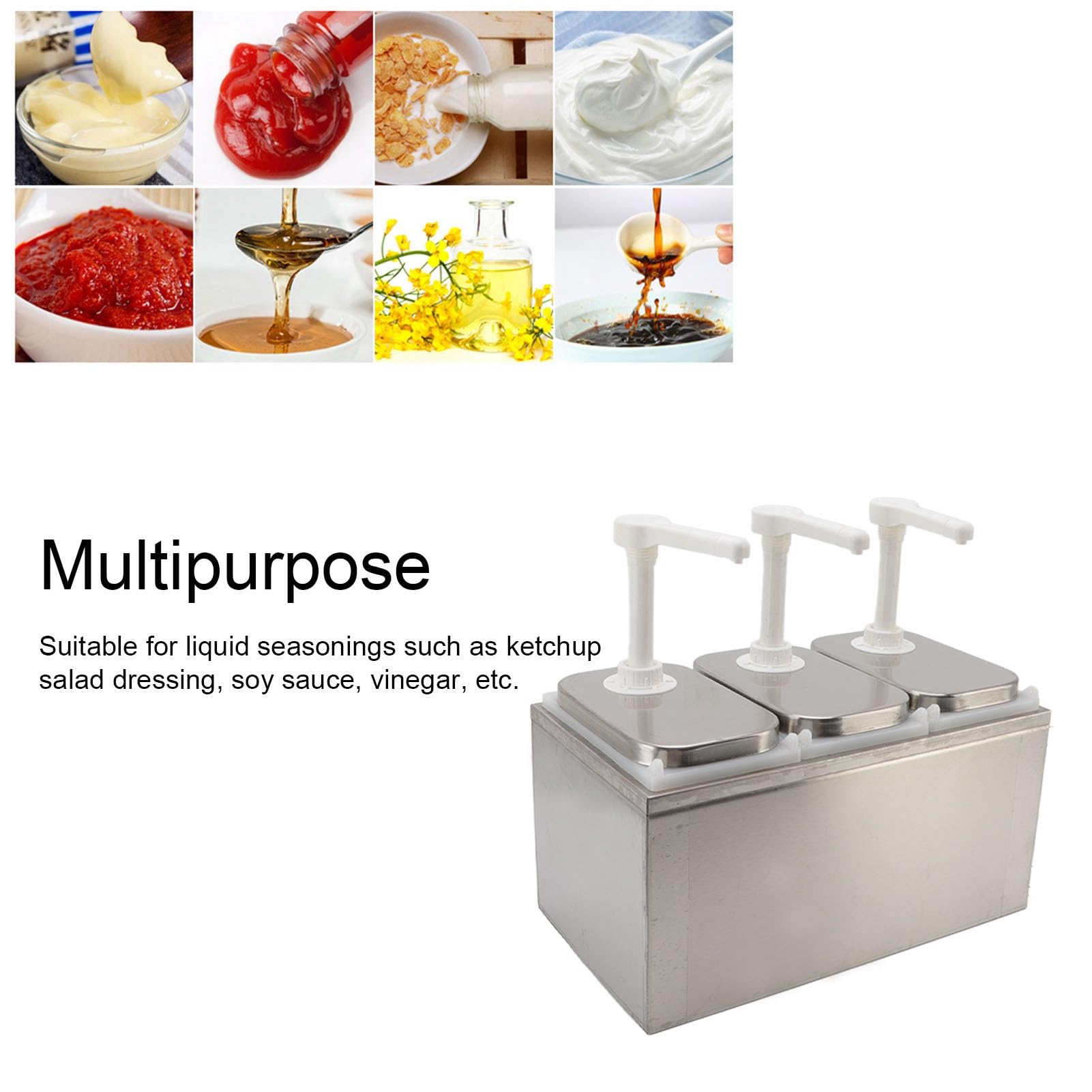 Sauce Dispenser Pumpe, Edelstahl Gewürz Station Flüssigkeit große Kapazität Lagerung Eimer Geschirr Nachfüllung Squeeze Korbtop für Ketchup, Salatdressings, Grillsauce (2-Liter-Dreifachpumpe)