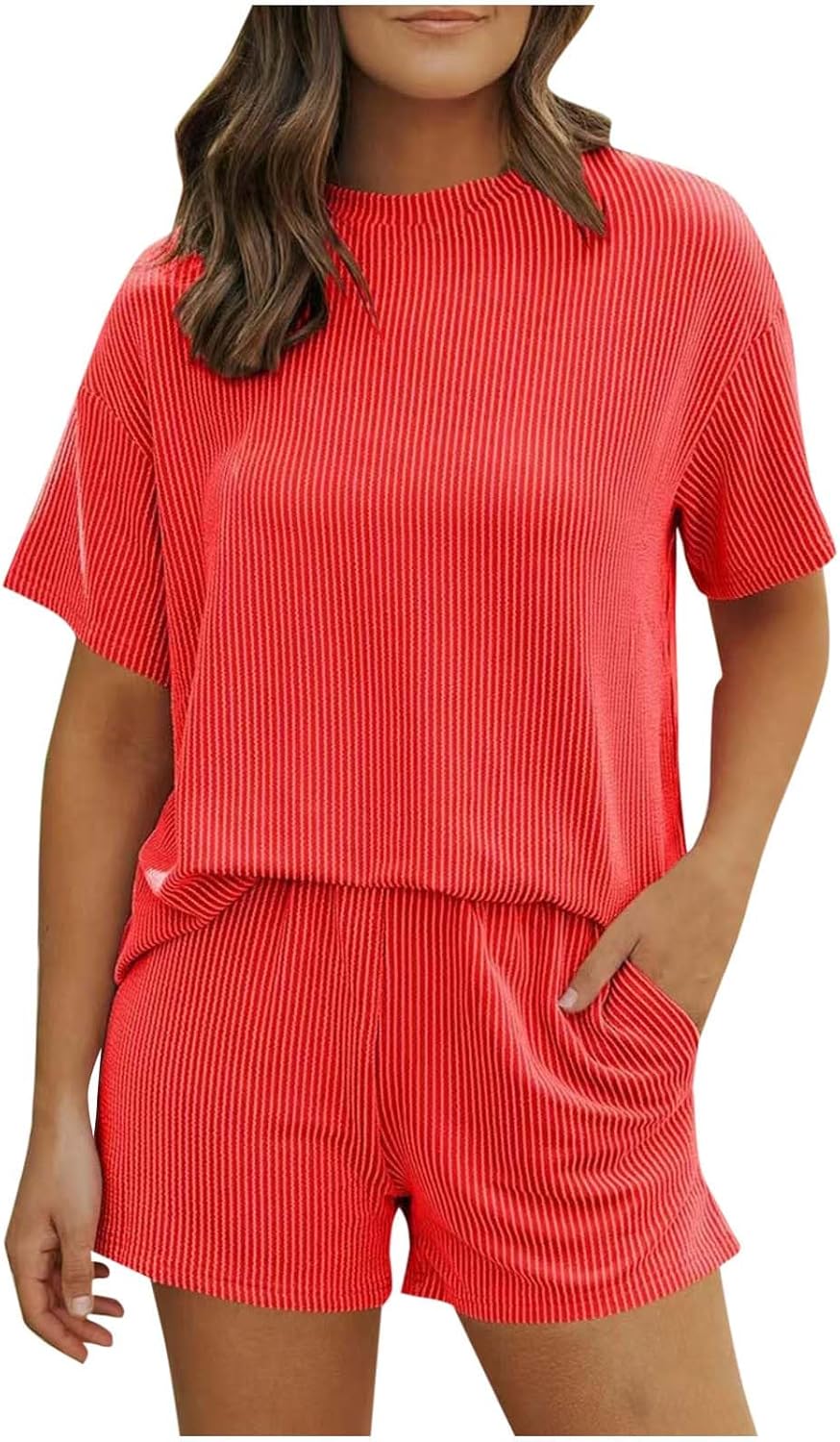 Womens Short Sets Ribbed Knit 2 Piece Summer Beach Vacation Short Sleeve T-shirts Elastic Waist Shorts Matching Set