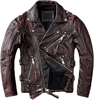 Black Motorcycle Leather Jacket Men Natural Real Cowhide Slim Fit Vintage Brown Mens Jackets