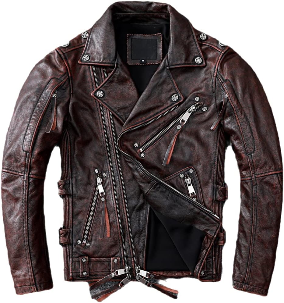 Black Motorcycle Leather Jacket Men Natural Real Cowhide Slim Fit Vintage Brown Mens Jackets
