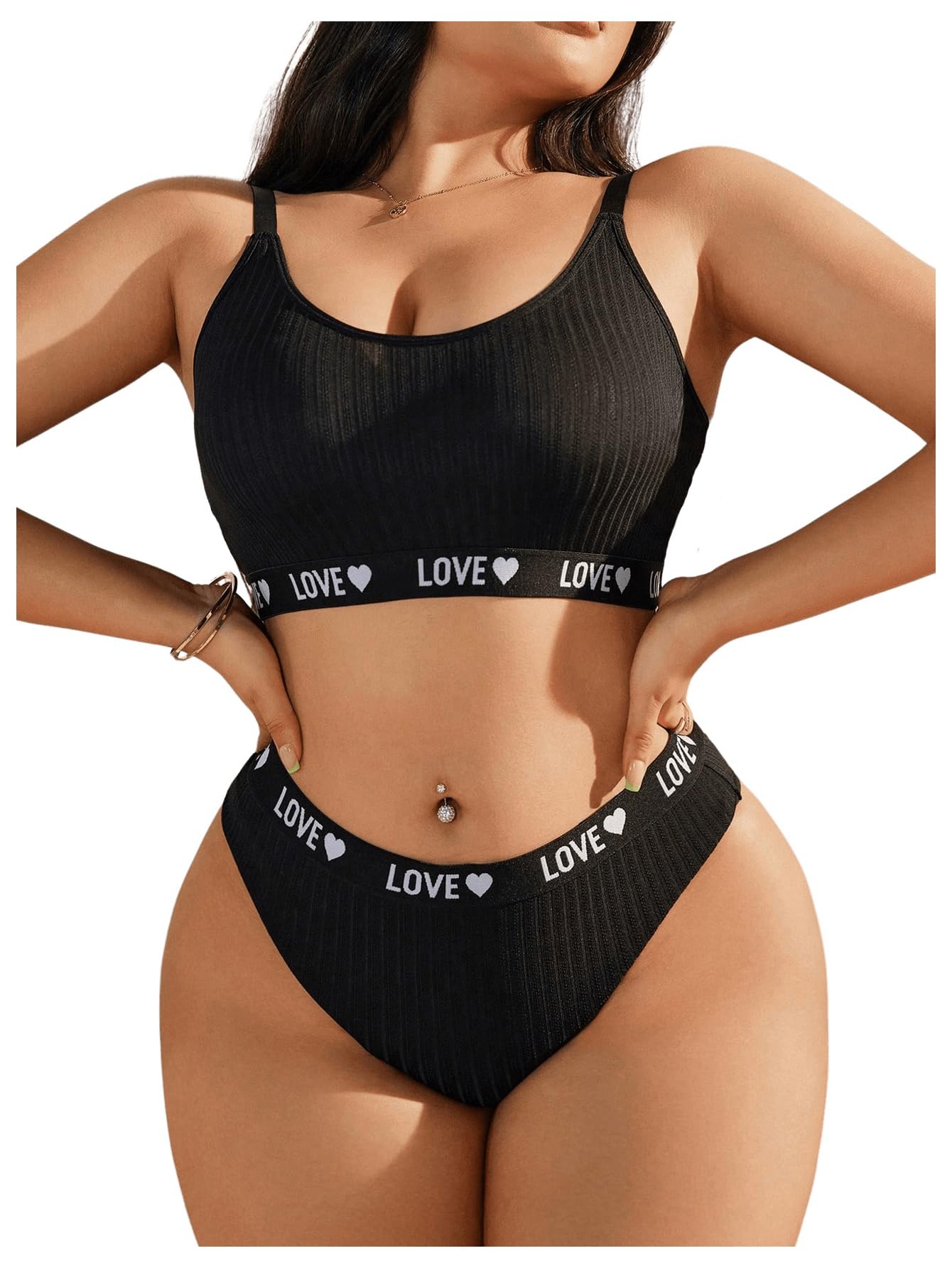 SOLY HUX Women's Plus Size Lingerie Set Bra and Panty Letter Heart Print Underwear Sets Black Letter 3XL
